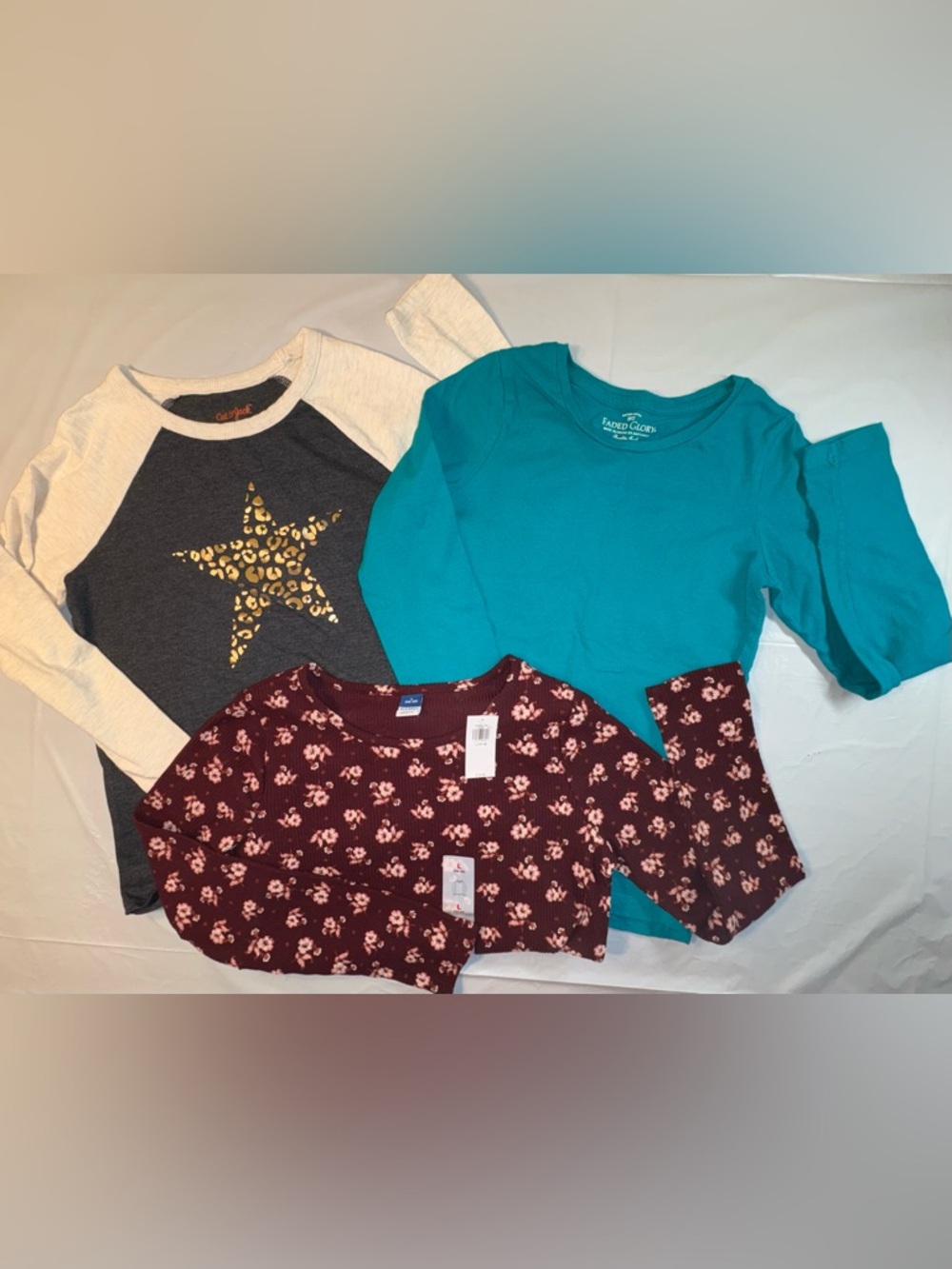 Bundle of 3 Long-Sleeve Tees: Raglan Shining Star, Plain Blue, Burgundy Floral